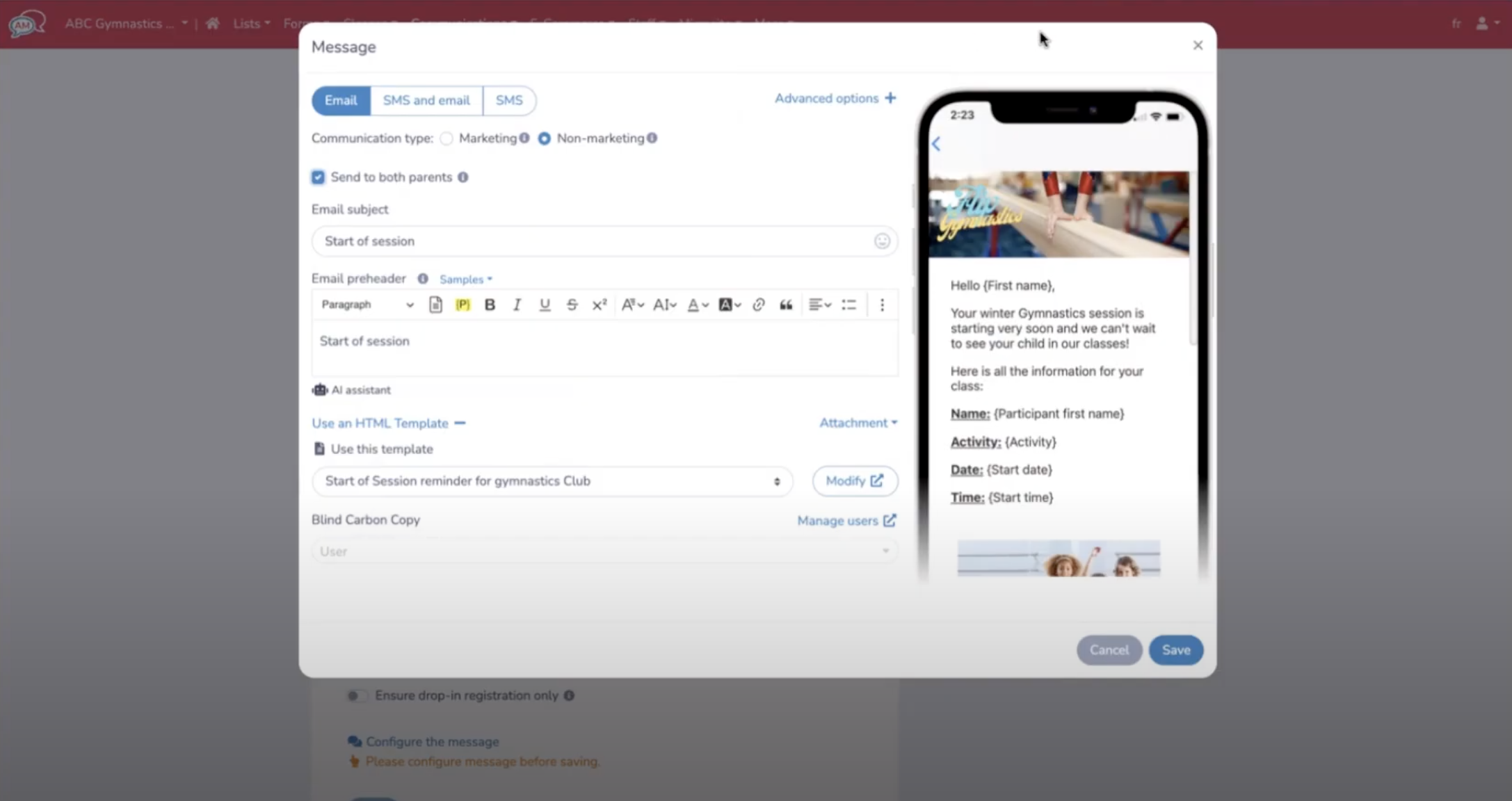 Example of building an email/SMS template using Activity Messenger